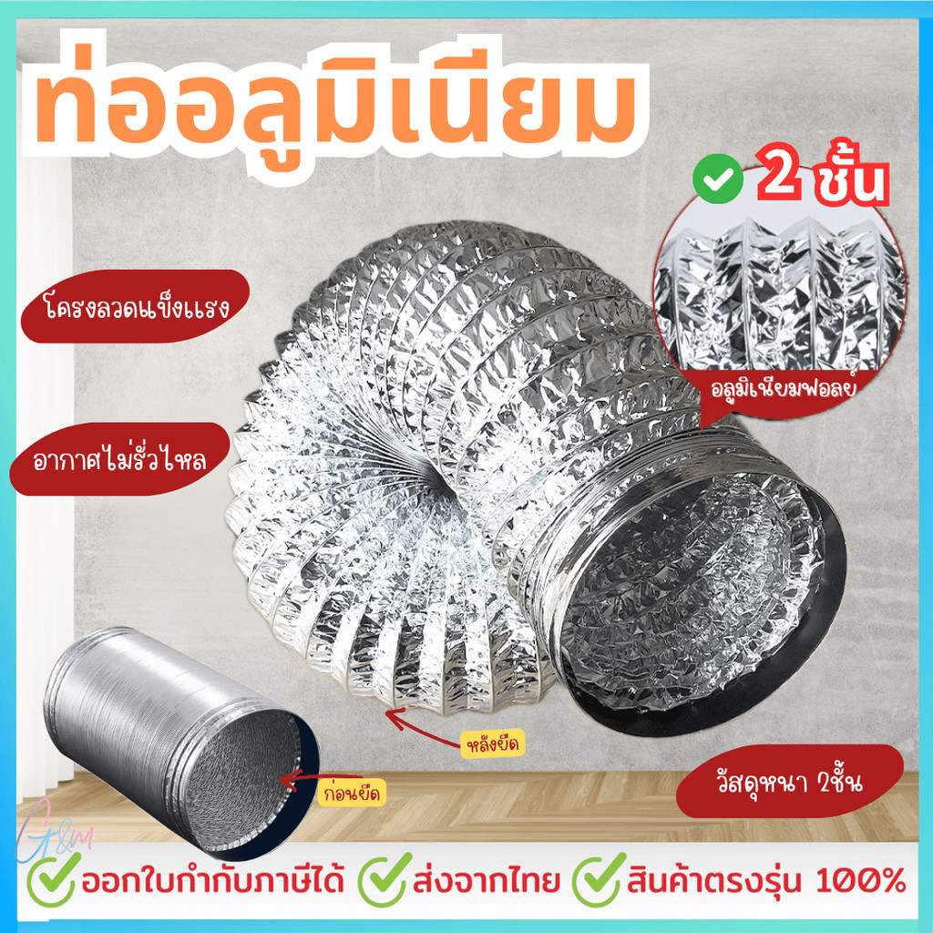 ท่อลมระบายอากาศ 4/6/8/นิ้ว ท่ออลูมิเนียมสองชั้น ยาว 1/2/3/5 เมตร ทนไฟ ท่อดูดควัน ท่อแอร์ ท่อลม ทนความร้อน