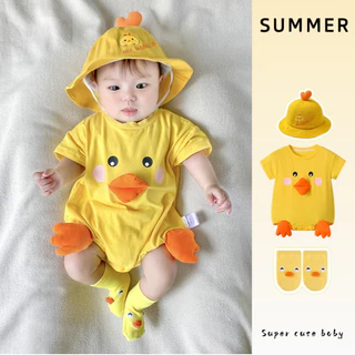 ฤดูร้อนใหม่เสื้อผ้าเด็กทารกชุดบอดี้สูทแขนสั้นพร้อมหมวกถุงเท้า 0-24 เดือนระบายอากาศและสะดวกสบายสุดน่ารักเจี๊ยบ ชุดรอมเปอร์ สไตล์เกาหลี