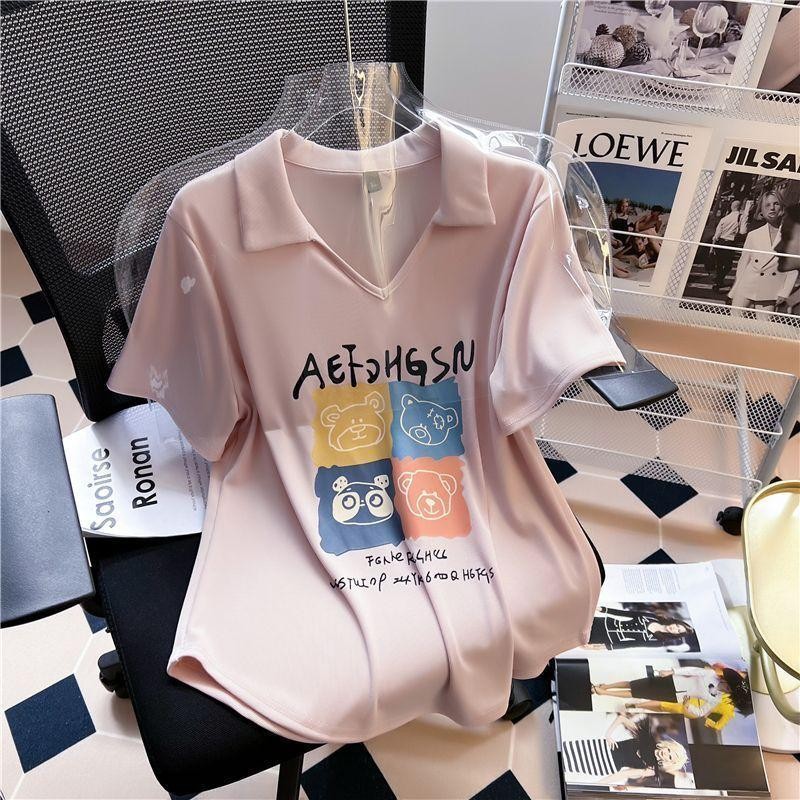 [เสื้อยืด ขนาดใหญ่เกินไป] (40-150กิโลกรัม) ผู้หญิงสลิมฟิตเสื้อโปโลฤดูร้อนพิมพ์เสื้อขนาดบวกเสื้อยืดชุดลําลอง - รูปที่ 3