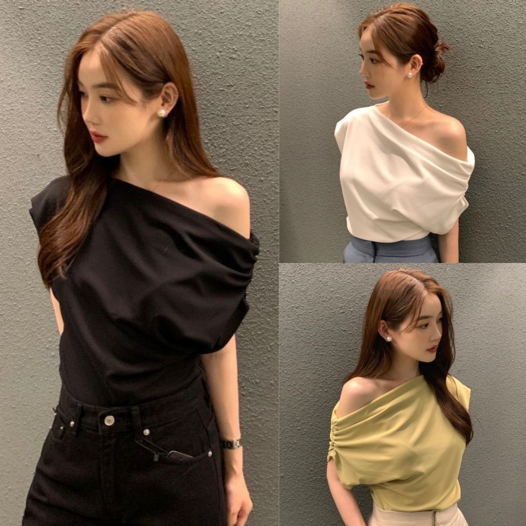 Evelyn เสื้อเปิดไหล่แขนสั้น เรียบหรูสไตล์มินิมอล เสื้อแฟชั่น สีพื้น สไตล์เกาหลี ผ้านิ่ม ใส่สบาย