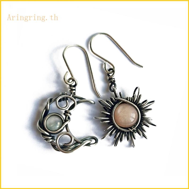 ARIN โบฮีเมีย มูนสโตน Dangle Drop ต่างหูโบราณ เงินสำหรับ Sun และ Moon Hook Ear