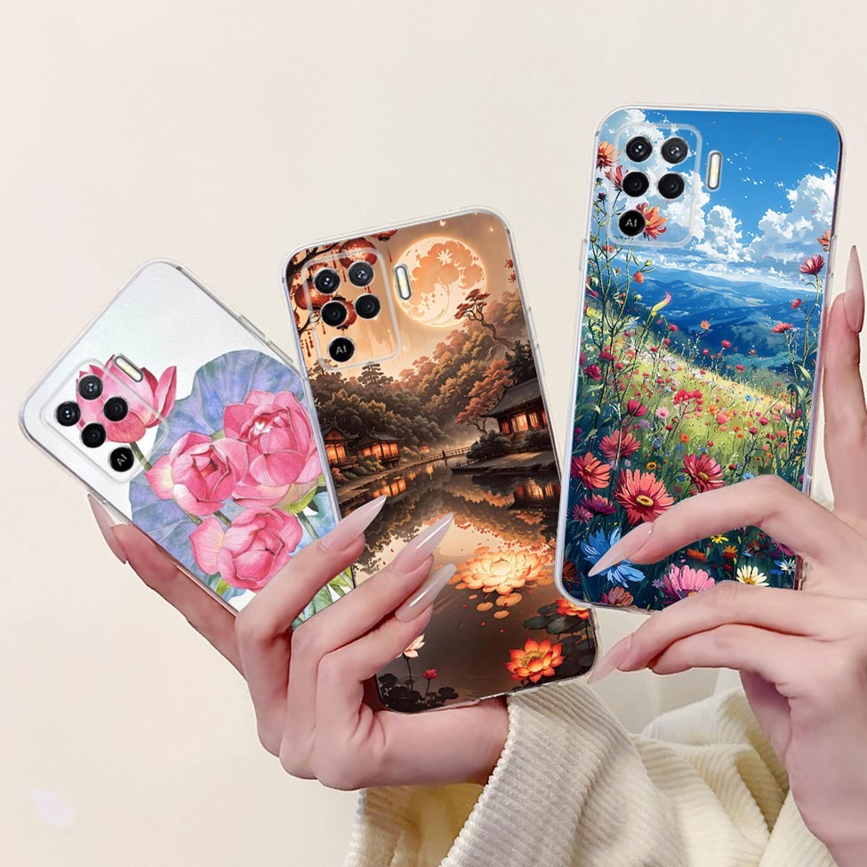 Oppo Reno 5F กรณี CPH2217 Clear ความงามแมวน่ารักแฟชั่นดอกไม้ทาสีปกหลัง Reno5F Oppo Reno5 F เคสโทรศัพท์