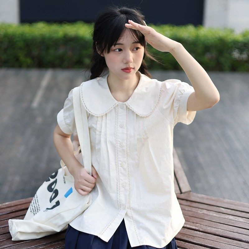 Mona~Tสีทึบ จีบ แขนสั้น เสื้อเชิ้ต สไตล์ใหม่ สไตล์หวาน แฟชั่น