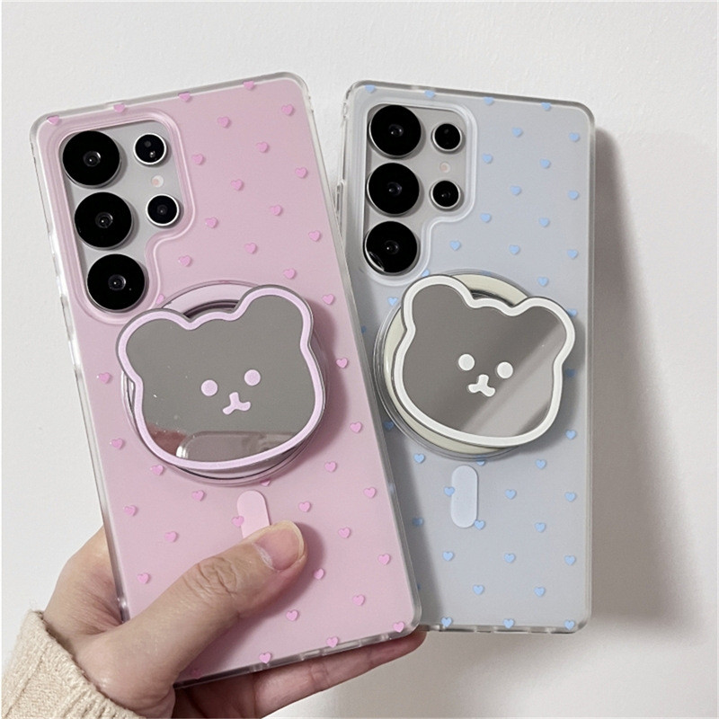 เกาหลีน่ารัก 3D หมีกระจกขาตั้งเคสโทรศัพท์แม่เหล็กสําหรับ Samsung Galaxy S25 Ultra S24 S23 Ultra Plus S24FE S23FE Creative ไร้สายชาร์จ Hard กันกระแทก