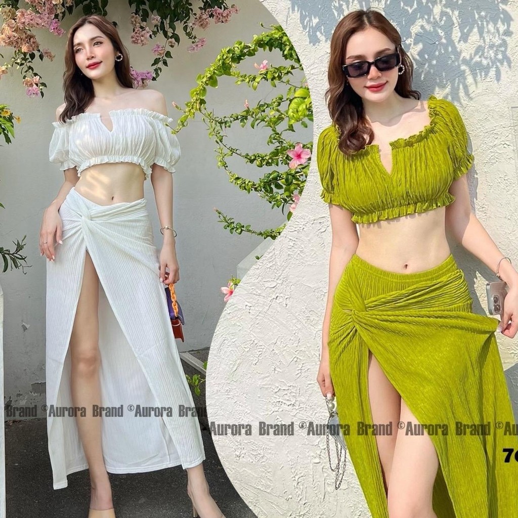 พร้อมส่ง S-XL⚡️AR 7641 ชุดเซต ทะเลจ้าพี่มาแล้ว เสื้อ+กางเกง+กระโปรง สีเขียว/สีขาว