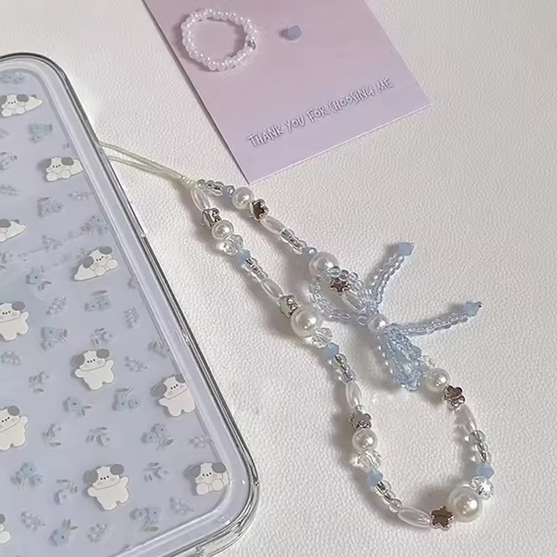 เกาหลีน่ารัก Bowknot Star Pearl จี้ลูกปัดโทรศัพท์ Charm สําหรับ iPhone Accessrioes Universal Lanyard เครื่องประดับสาวเชือกแขวน
