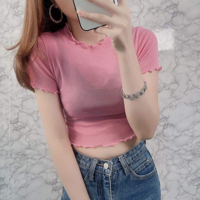 เสื้อยืดแขนสั้นบางเชียร์สําหรับผู้หญิงฤดูร้อนสไตล์ใหม่แมทช์กับเดรสสายเดี่ยวได้ชั้นด้านในเสื้อฐานตาข่าย