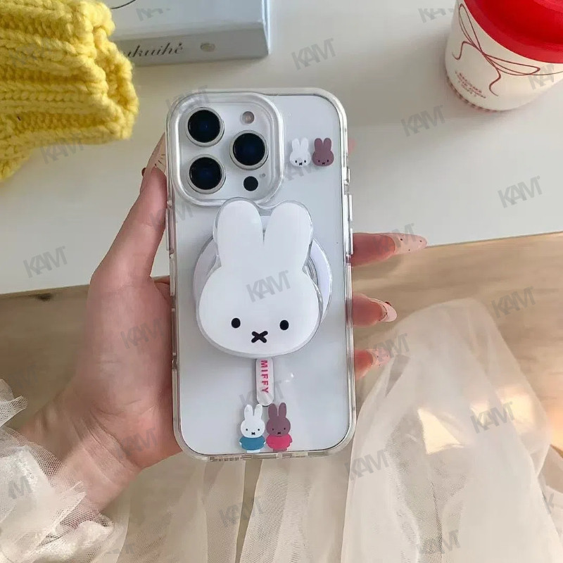 [Kam] เคสโทรศัพท์มือถือการ์ตูน Miffy Rabbit พร้อมขาตั้งเคสป้องกันแม่เหล็กสำหรับชาร์จแบบไร้สายเหมาะสำหรับ iPhone16Promax 15Pro 14 13 12 ครอบคลุมเต็มป้องกันการหล่นและรอยขีดข่วน
