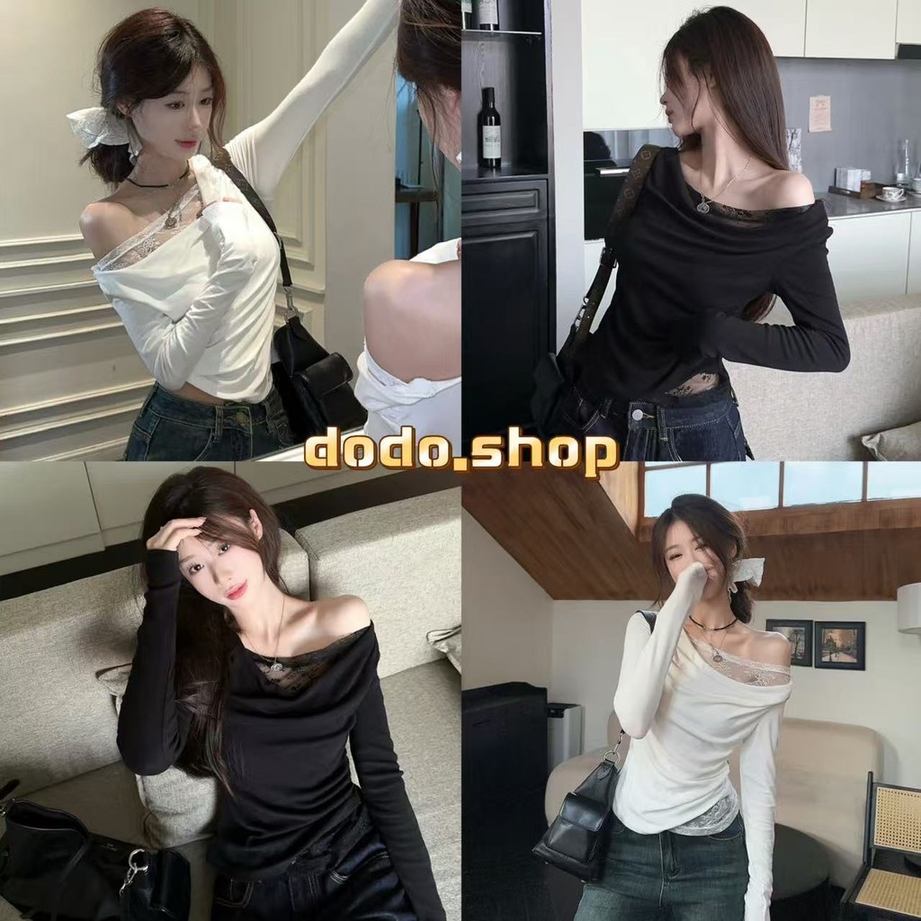 DoDo*พร้อมส่ง*เสื้อไหมพรมแขนยาว แต่งลายลูกไม้ที่คอเก๋ๆ เนื้อผ้านุ่ม ยืดตามตัว ใส่สบาย(Y0321)
