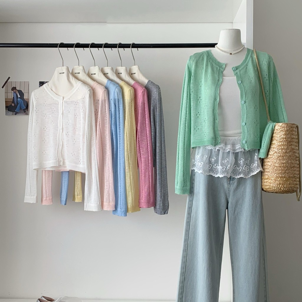 👚Anna👚 เสื้อคาร์ดิแกนแขนยาว ผ้าถักไหมน้ำแข็ง Summer สีลูกกวาด เสื้อคาร์ดิแกนถักดีไซน์กลวงสไตล์เกาหลี