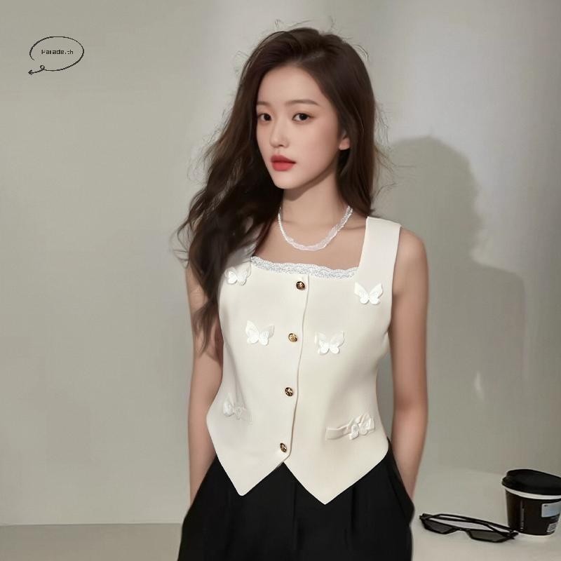 Parade ฝรั่งเศสหวานผีเสื้อสแควร์คอกระดุมแถวเดียวแขนกุดสบายๆถัก Camisole สําหรับผู้หญิง TH
