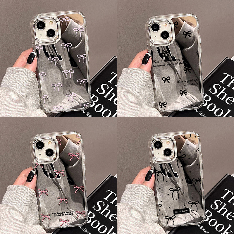 กระจกเงา เคส For iPhone 13 11 12 14 15 16 Pro Max เคส iPhone 11 เคสโทรศัพท์Insเพชรโบว์กระจกฝา ฝาครอบโทรศัพท์นุ่ม