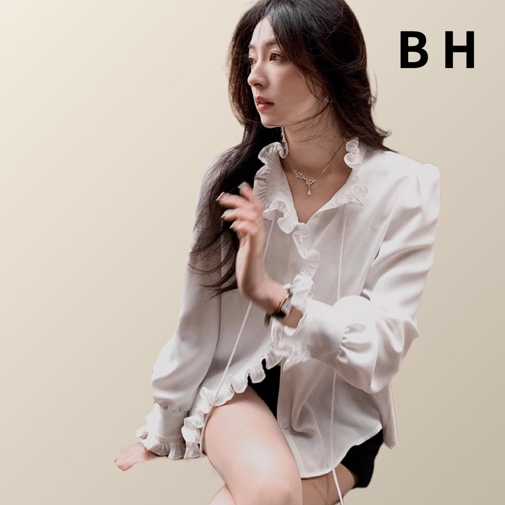 ข เสื้อเชิ้ตสีขาวผู้หญิงสไตล์ฝรั่งเศสแขนยาวขอบหูไม้ปกสูงหย่อน