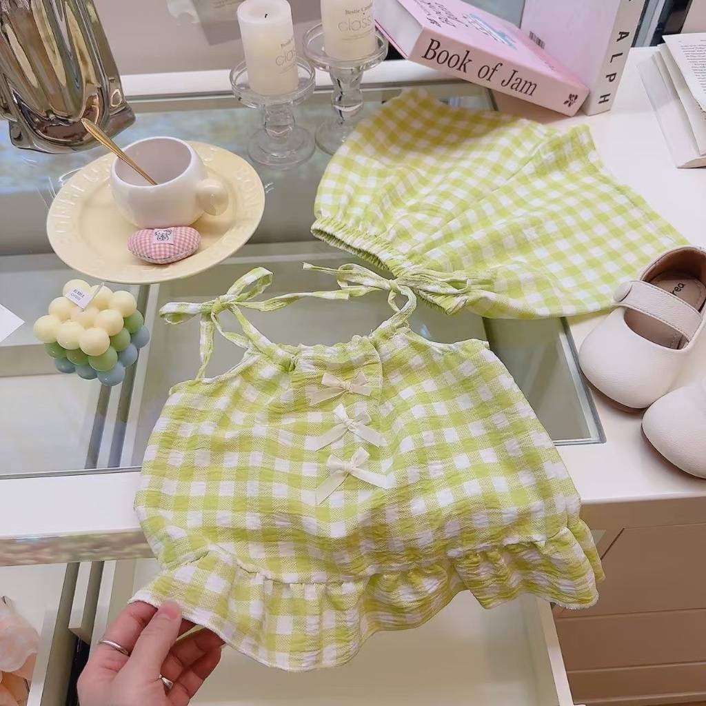 ชุดเซ็ตเสื้อสายเดี่ยวกางเกงขาสั้นแบบรูดสายผูกไหล่ลายสก็อตผ้าฝ้าย ผ้านิ่ม ใส่สบาย🍁พร้อมส่ง