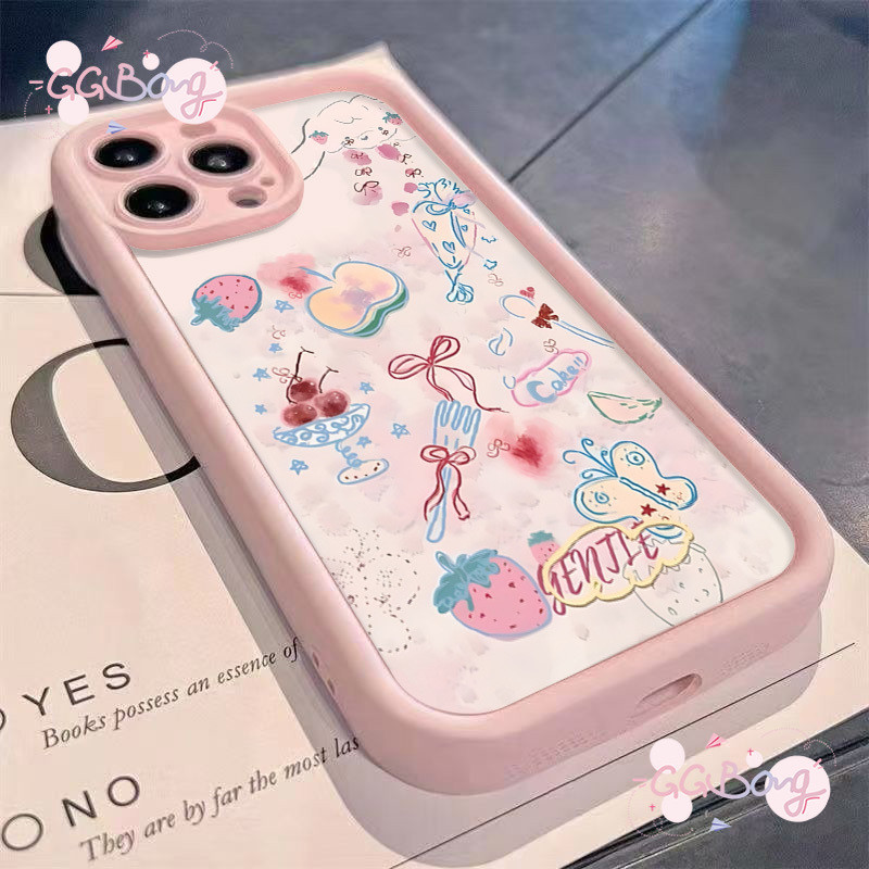 เคสรูปผีเสื้อผูกโบว์สตรอเบอร์รี่เชอร์รี่สีน้ำมันเคสไอโฟน11 เคส 13 16 14 11 12 15 Pro Max 16 6 8 7 6s Plus XR X XS Max SE