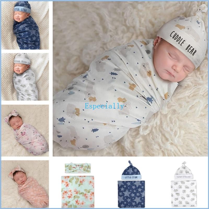 ESP 2pcs ทารกแรกเกิดไมโครไฟเบอร์ Swaddle Wrap หมวก Beanie Headwrap ชุดน่ารักดอกไม้พิมพ์ทารกรับ Bla