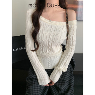  Spice Girl เสื้อสเวตเตอร์ไหล่แนวนอนสำหรับผู้หญิง ฤดูหนาว สไ…