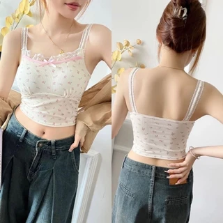 【คละสี 4 ชิ้น!!!】#393 เสื้อสายเดี่ยว ขอบลูกไม้ ลายดอก มีฟองน้ำในตัว