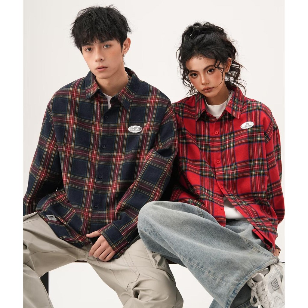 PannoFluxus ใหม่เสื้อลายสก๊อตอเมริกันย้อนยุคหลวมสบายๆแปรงออกแบบที่มีคุณภาพสูงสไตล์เป็นกลาง - รูปที่ 2