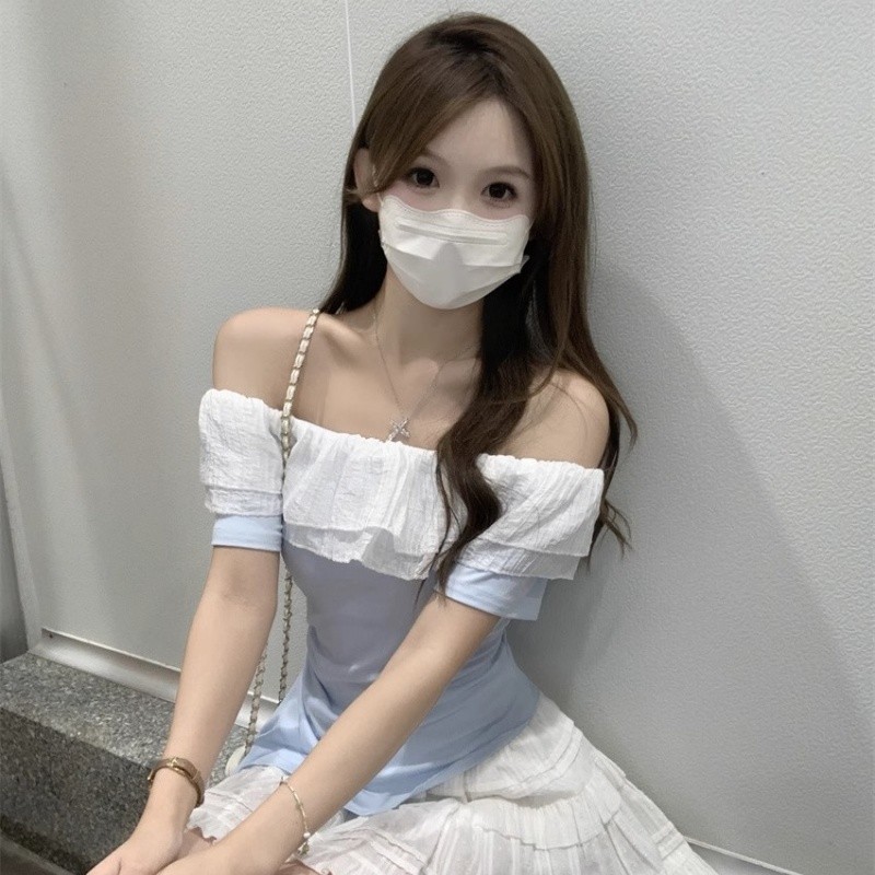 Mini shop🌸พร้อมส่ง🌸(56513) เสื้อไหมพรม เสื้อแฟชั่น แขนสั้น เข้ารูป เปิดไหล่ระบายสีพาสเทล - รูปที่ 4