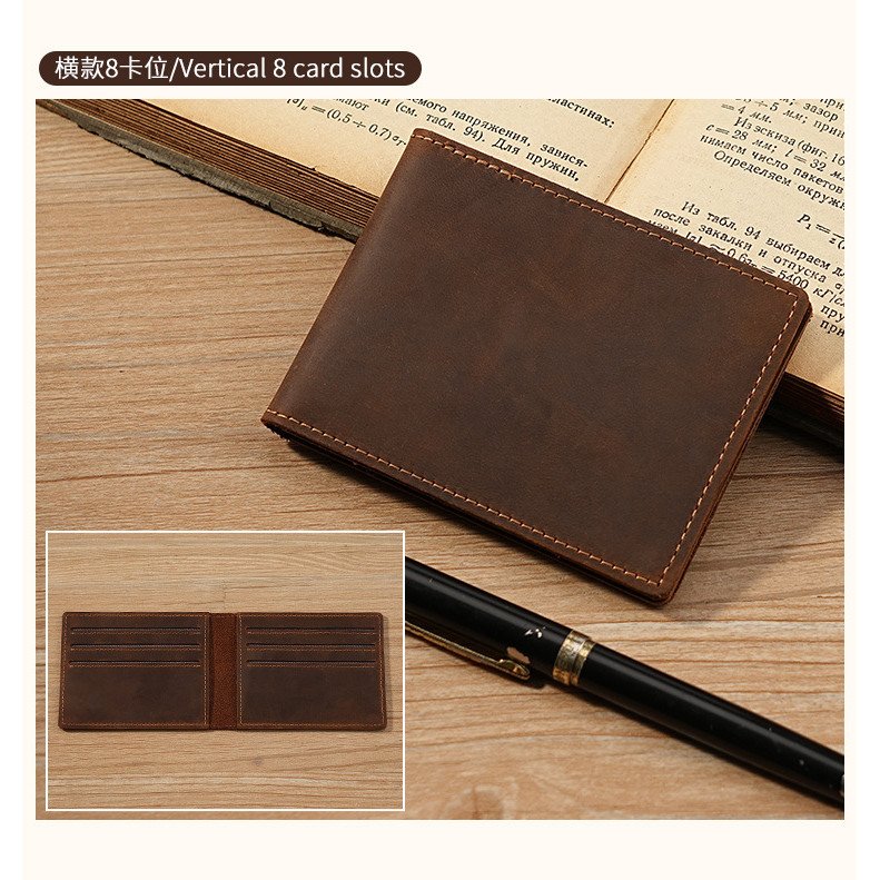 Vintage Crazy Horse Leather Card Holder กระเป๋าสตางค์บัตรเครดิต Mens ID Card Bank Card Holder ที่ใส่บัตรหนังแท้