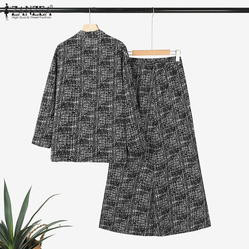 ZANZEA ผู้หญิงวินเทจลําลอง V คอแขนยาวกระเป๋าพิมพ์ปุ่มด้านข้าง Slit กางเกงขายาว 2 ชุด PC - รูปที่ 7