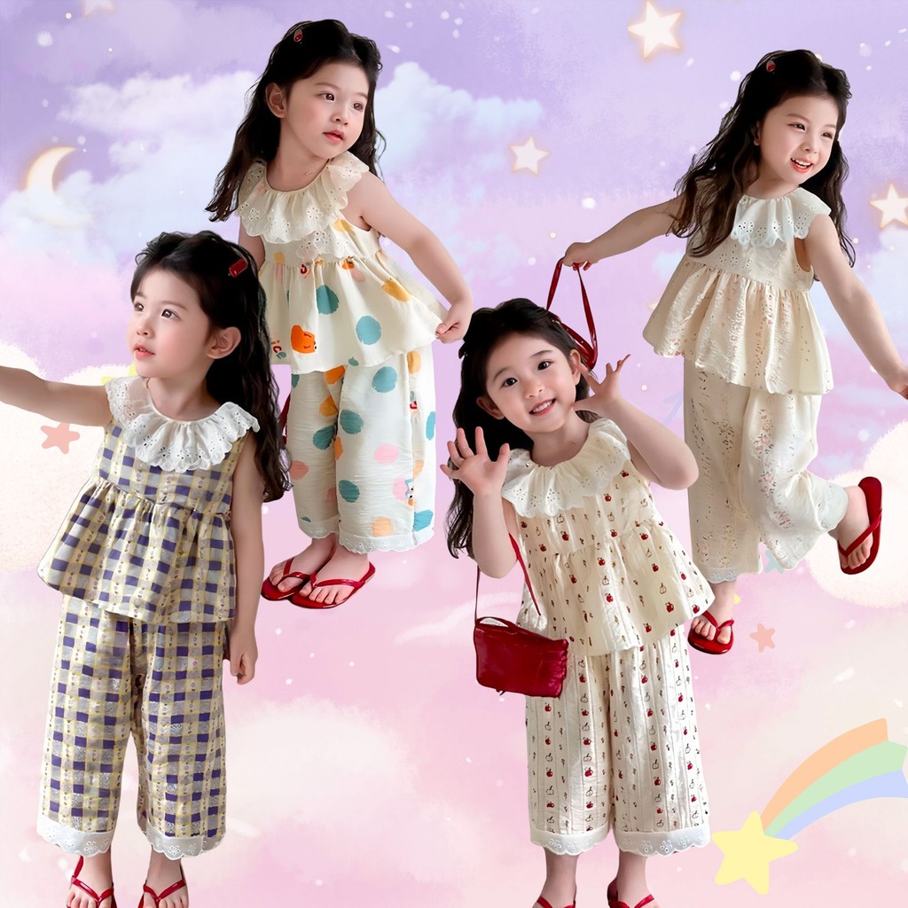 Dolemi_baby  ชุดกระโปรงแขนกุด กางเกงขายาง  สไตล์การ์ตูน ฤดูร้อน น่ารัก สบาย ชุดสองชิ้น สไตล์