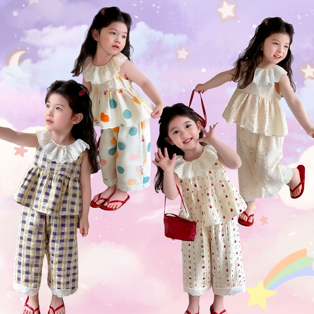 Dolemi_baby ชุดกระโปรงแขนกุด กางเกงขายาง สไตล์การ์ตูน ฤดูร้อน น่ารัก สบาย ชุดสองชิ้น สไตล์