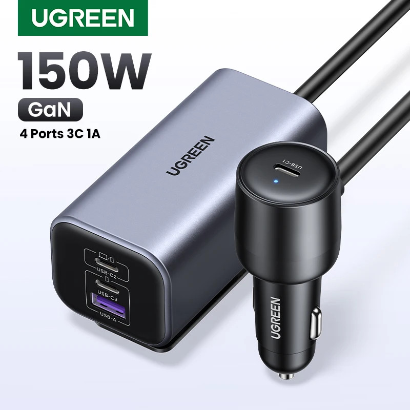 UGREEN Car Charger 150W Fast Charge Extender 4 พอร์ต GaN Charger สําหรับโทรศัพท์มือถือ Usb C Charger