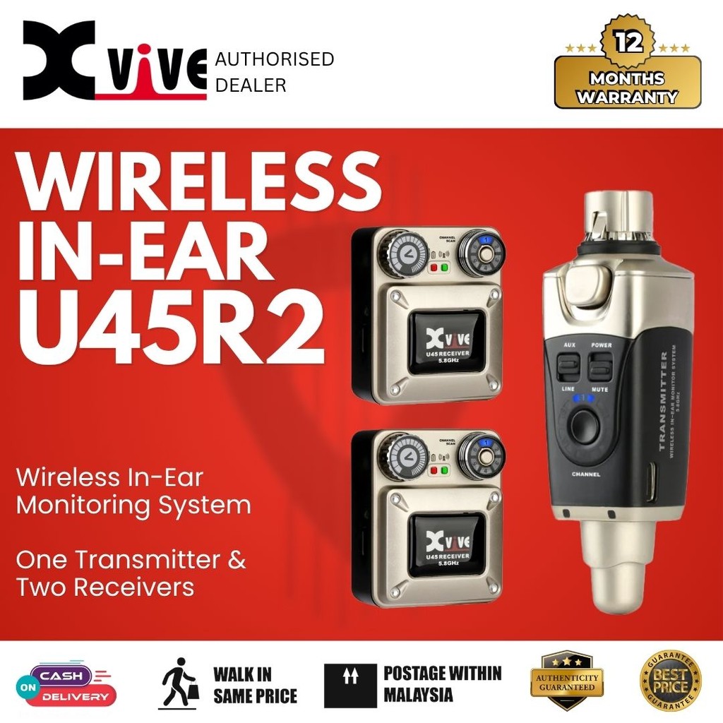 Xvive U45R2 5.8GHz ระบบตรวจสอบอินเอียร์ไร้สายสองแพ็ค - ตัวส่งสัญญาณและตัวรับสัญญาณสองตัว