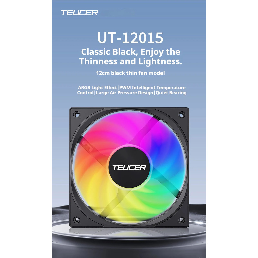 TEUCER UT-12015 ARGB PC Fan 120x120x15mm Slim FDB Bearing Case Fan พร้อมเทคโนโลยีการแชร์ PWM (PST), 