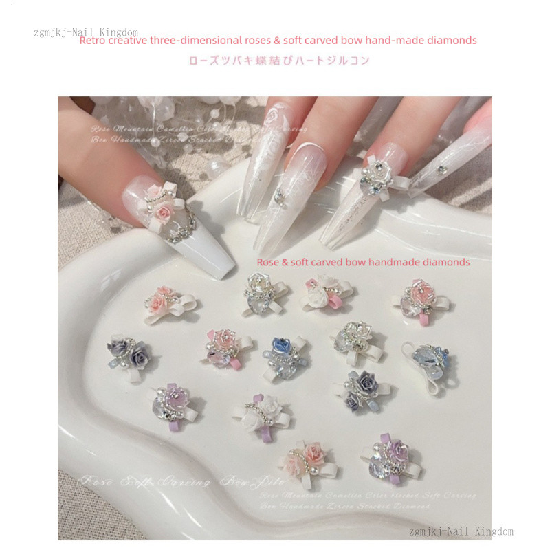 1 ชิ้น โบว์แกะสลักมือแบบนิ่มพร้อมฝังมุกสำหรับตกแต่งเล็บ / รูปที่ 4