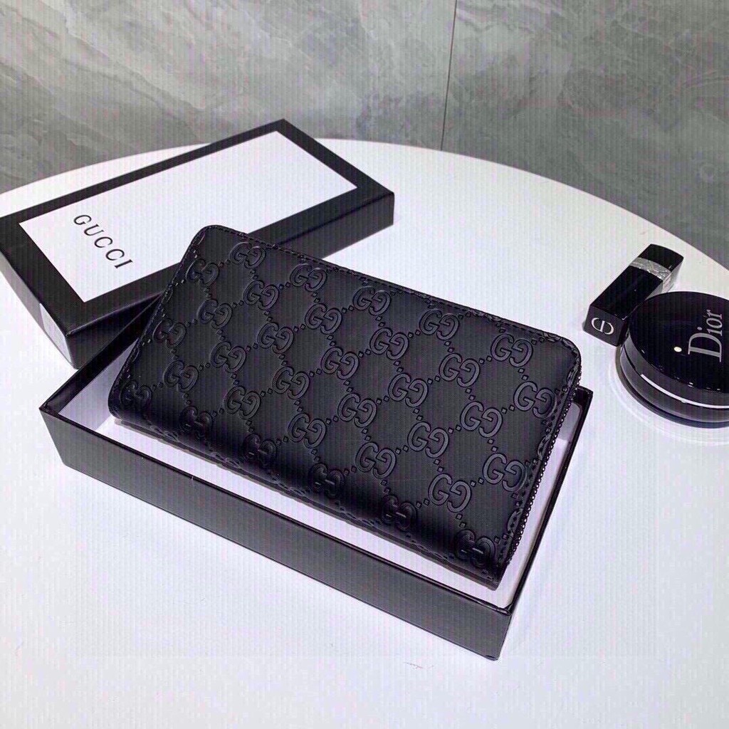 สต็อกพร้อม + Unisex _กระเป๋าสตางค์ซิปลายนูนยาวฟรี + กระเป๋าสีดํา (EL105-0) หนัง Monogram () กล่องคู่