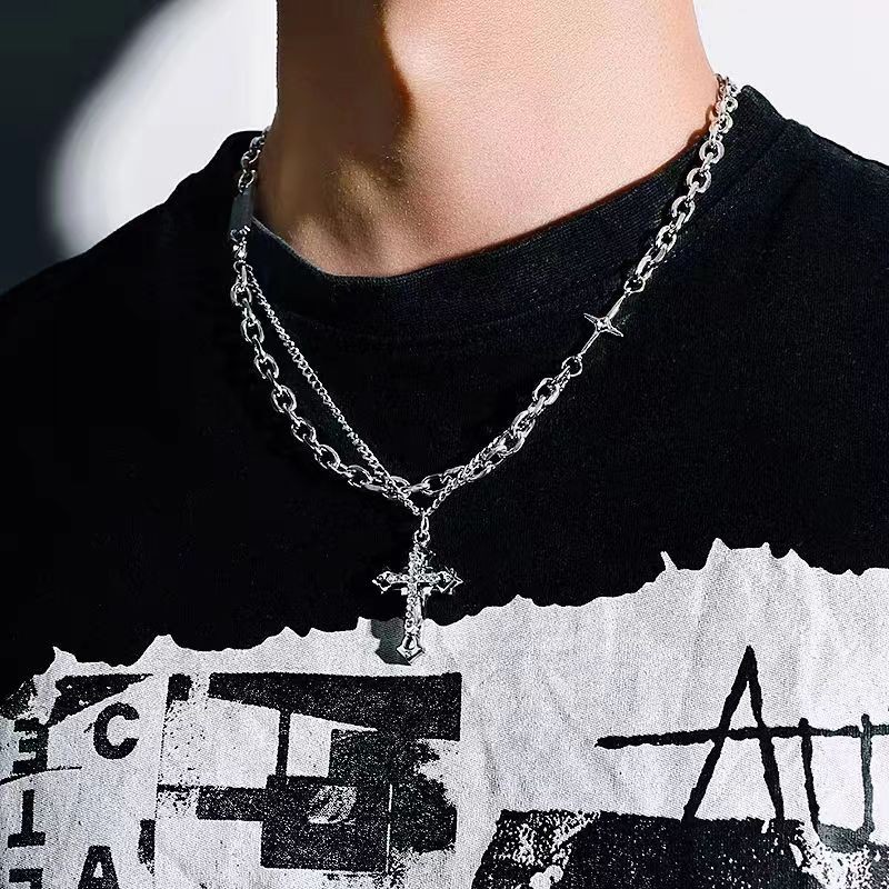 สร้อยคอ Double Layer Cross Zircon สไตล์ Punk Unisex Hip Hop Chain เครื่องประดับสำหรับผู้หญิงและผู้ชายน่ารัก Goth