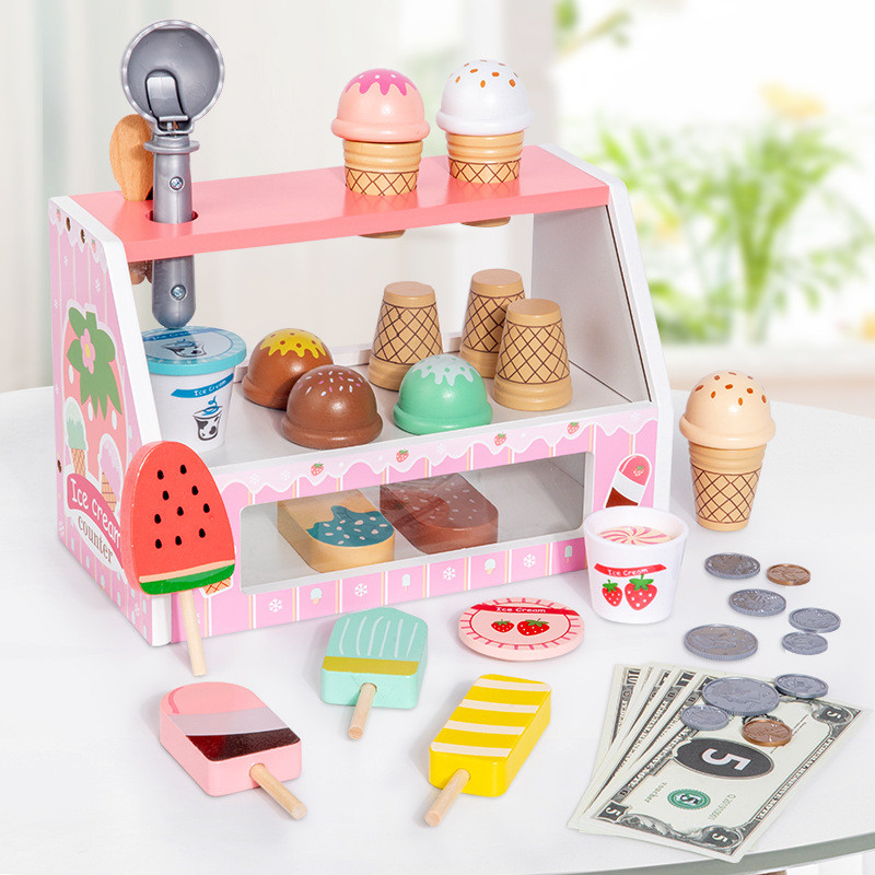 ร้านไอศกรีมไม้แกล้งเล่นชุด – ของเล่นเคาน์เตอร์ขนมบทบาทเล่นพร้อมเครื่องมือเงินสดและตัก