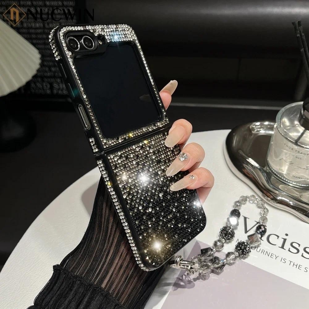 LUKEN หรูหราค่อยๆเปลี่ยนแฟลชเพชรพับ Lanyard สําหรับ Samsung Galaxy Z FLIP 6 5 4 7 ZFlip 6 พร้อมสร้อยข้อมือปกแข็งสําหรับ OPPO ค้นหา N7 FLIP N2 FLIP