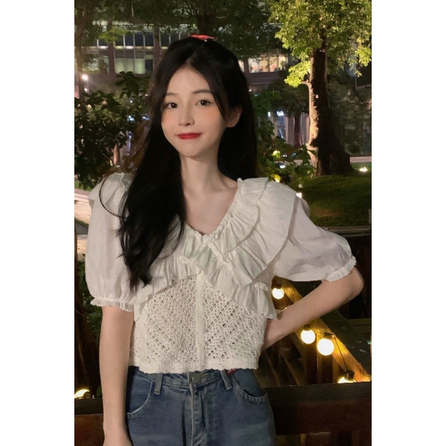 Slim-fit Slimmer ดู V คอ Ruffled สั้นสไตล์ตะวันตกเสื้อชีฟองแขนสั้นผู้หญิง Wwi6 6.18