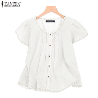 ZANZEA เสื้อเชิ้ตแขนสั้นจีบติดกระดุมยีนส์คอกลมผู้หญิงเกาหลี