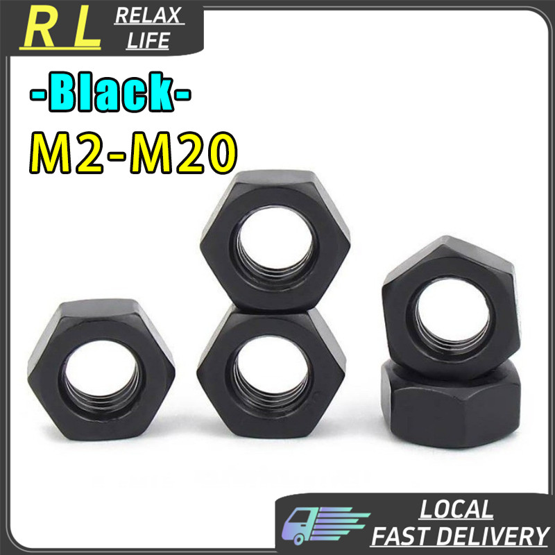 [RL] M2-M20 Black Hex Nut เหล็กคาร์บอนล็อคหกเหลี่ยมถั่วสกรู Bolt Sru เกรด 12.9 ด้ายหยาบ M3 M4 M5 M6 M8 M10 M12 M14 M16 M18