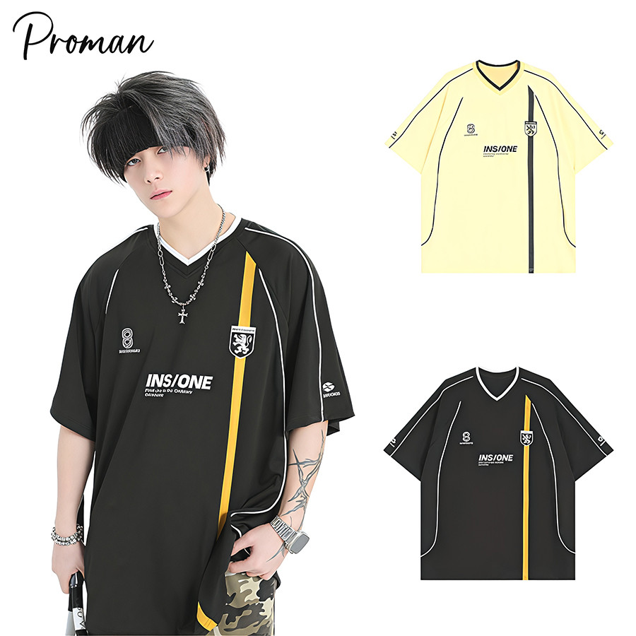 ⚡ ProMan⚡ แขนสั้นคอวีสำหรับผู้ชาย  สไตล์อเมริกันแขนสั้นวินเทจ  ชุดสำหรับคู่รัก  เทรนด์  ร้อยชุด  oversize