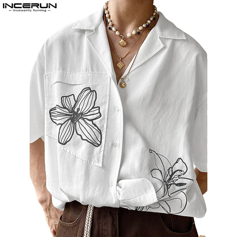 ไม่แน่นอน เสื้อเชิ้ตแขนสั้นผู้ชายสไตล์วันหยุดดอกไม้