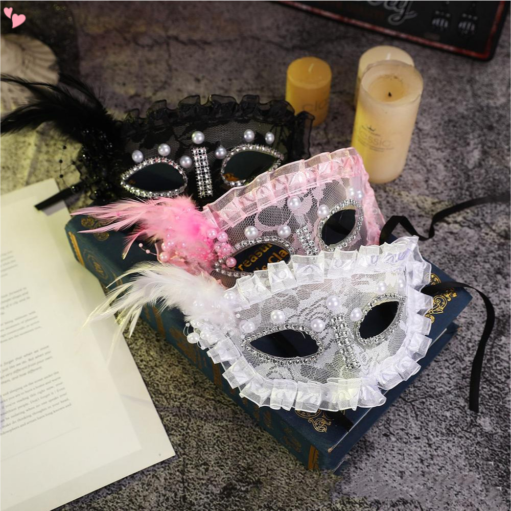ผู้หญิงลูกไม้ Feather Pearls หน้ากากคอสเพลย์ Masquerade Carnival Party ครึ่งหน้าเซ็กซี่ Eye Mask สําหรับ Mardi Gras ฮาโลวีน Party