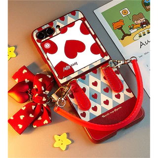 เกาหลีน่ารัก Love Heart Bow จี้เคสโทรศัพท์พร้อมสร้อยข้อมือสําหรับ Samsung Galaxy Z Flip 5 6 Z Flip5 Flip6 Flip 4 กลับ Covermanha