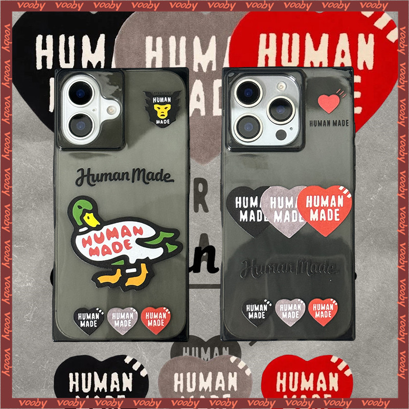 คลาสสิก HUMAM MADE เป็ดหัวใจป้ายสแควร์กึ่งโปร่งใสสีดําเคสโทรศัพท์เหมาะสําหรับ IPhone17 AIR 16 16P 16PM 15 15P 15PM 14PM 14 14P 13 13Pro 13PM 12 12PM 11PM