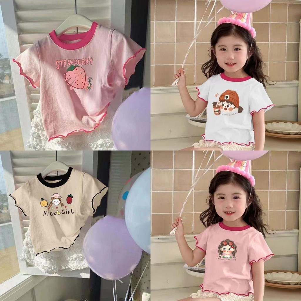 เสื้อผ้าแฟชั่นเด็กผู้หญิง ผ้าคอตตอน 95% ยืด 5% นุ่ม ใส่สบาย ระบายอากาศ ลายน่ารัก