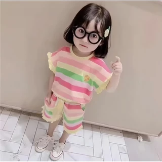 พร้อมส่ง ชุด2ชิ้น เสื้อคอกลม แขนสั้น กางเกง ลายปักดอกไม้ สีชมพู สีรุ้ง สไตล์เกาหลี สําหรับเด็กผู้หญิง พร้อมส่งในประไทย