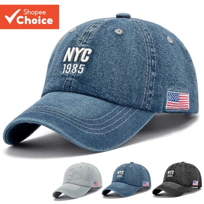 หมวกเบสบอลผ้ายีนส์ล้างวินเทจ NYC & 1985 3D เย็บปักถักร้อยการระบายอากาศระดับพรีเมียม
