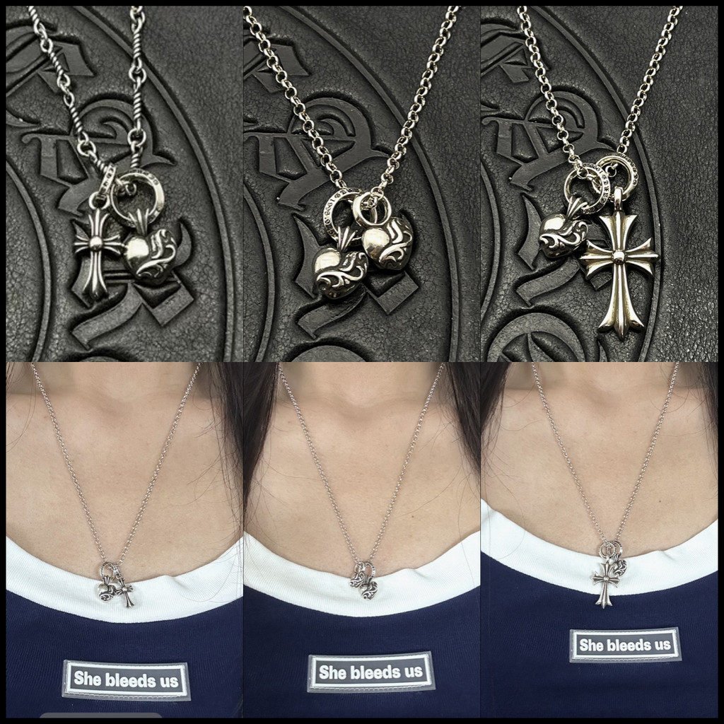 เงิน 925 ข้ามพีชหัวใจสร้อยคอจี้คู่ Vintage Punk Gothic Rock คู่เครื่องประดับของขวัญวันวาเลนไทน์ 8060