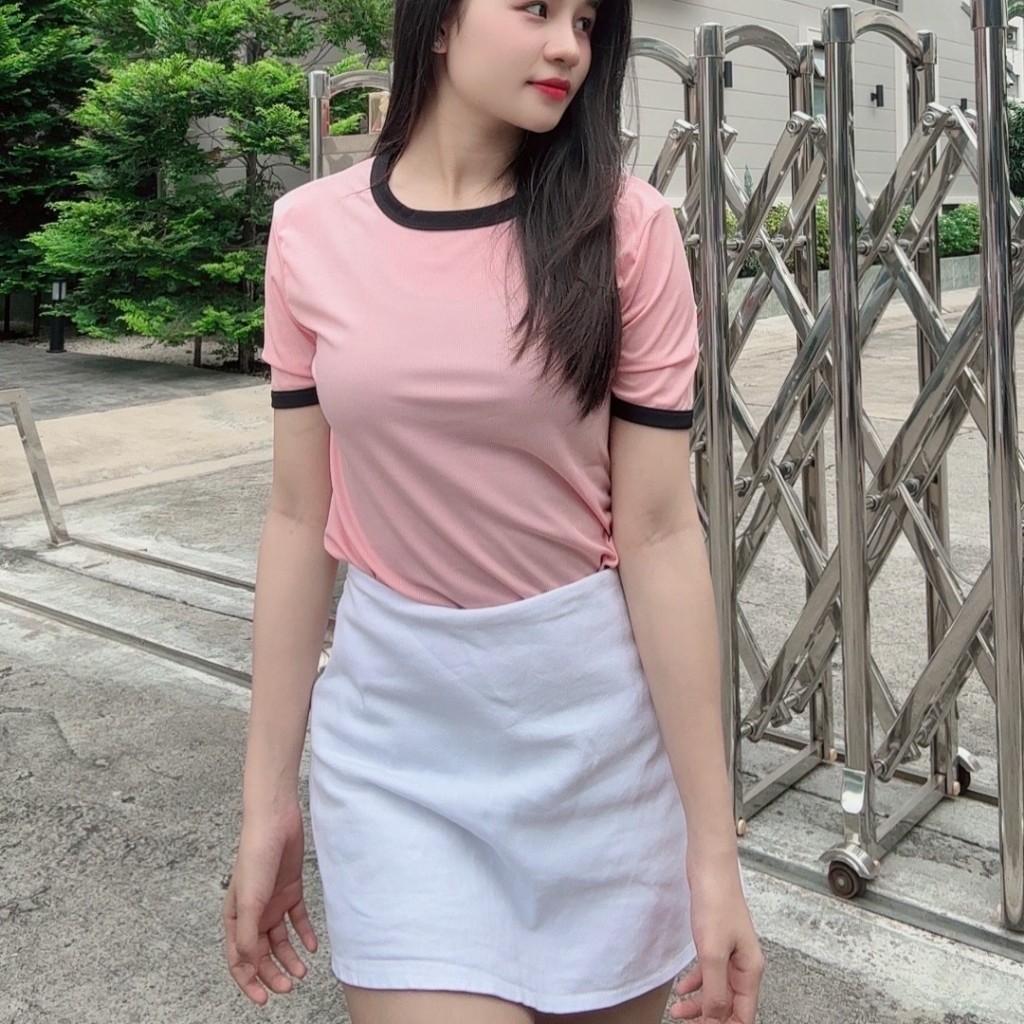 2012# เสื้อยืดแขนสั้นคอกลม สีพื้นตัดขอบสี มินิมอล เกาหลีเกาใจ มีหลากสีให้เลือก