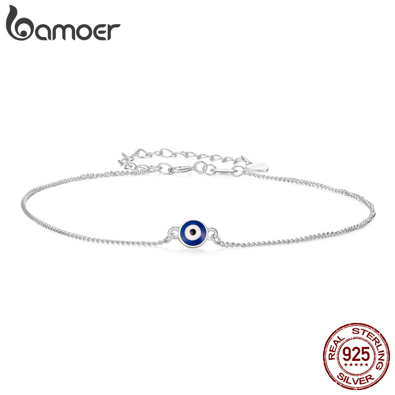 Bamoer สร้อยข้อเท้าเงินแท้ 925 สีฟ้า Evil Eye เครื่องประดับสีเงินของขวัญสำหรับผู้หญิง